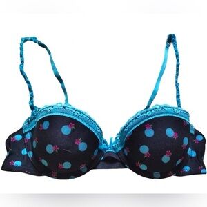 New Victoria’s Secret 34C Underwire Balconette Bra Blue Polka Dots Flowers Black